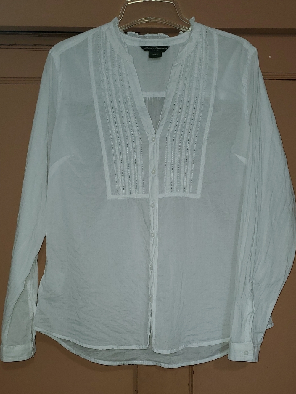 Eddie Bauer White Button-Down Pintuck Peasant Blouse